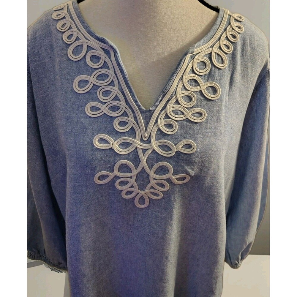 Susan Graver Pura Blouse Size LP Linen/Flax Blend Blue Tunic - Picture 5 of 10